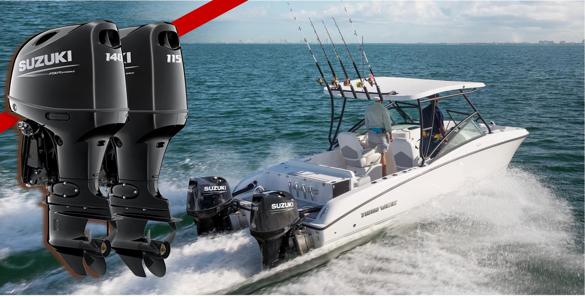 To Suzuki outboard motorer montert på båt i fart i vannet