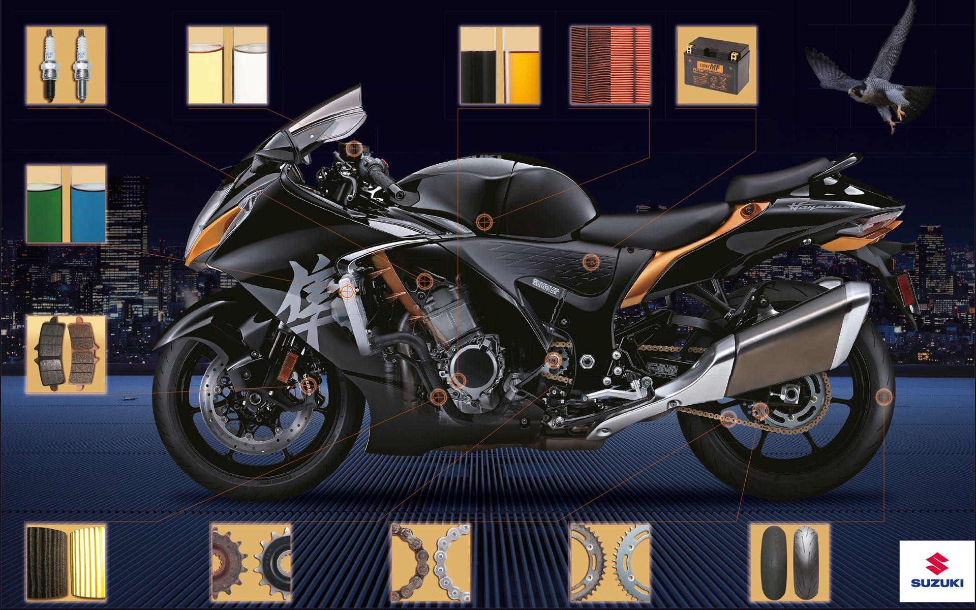 Suzuki Hayabusa med eksempel på ulike originaldeler
